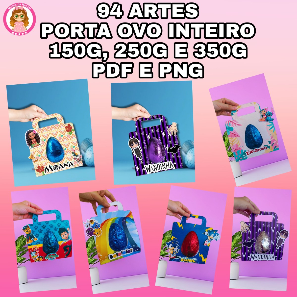 94 Artes – Sacolinha Porta Ovo de Páscoa Inteiro 150g, 250g e 350g Arquivo Digital em PDF e&nbsp;PNG